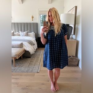 MADEWELL Embroidered Puff-Sleeve Babydoll Dress in Indigo Plaid Size Medium NWT